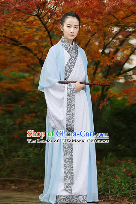 Asian Chinese Han Dynasty Swordsman Costume, Ancient China Knight Embroidered Long Robe Clothing for Men