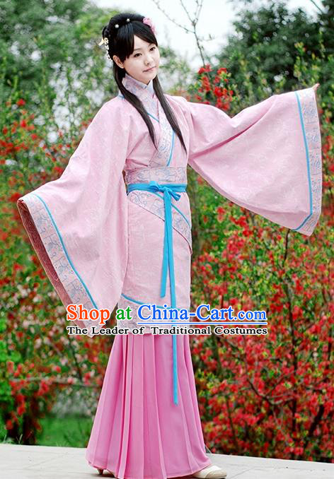 Asian Chinese Han Dynasty Princess Costume Pink Curve Bottom, Ancient China Embroidered Dress Clothing for Women