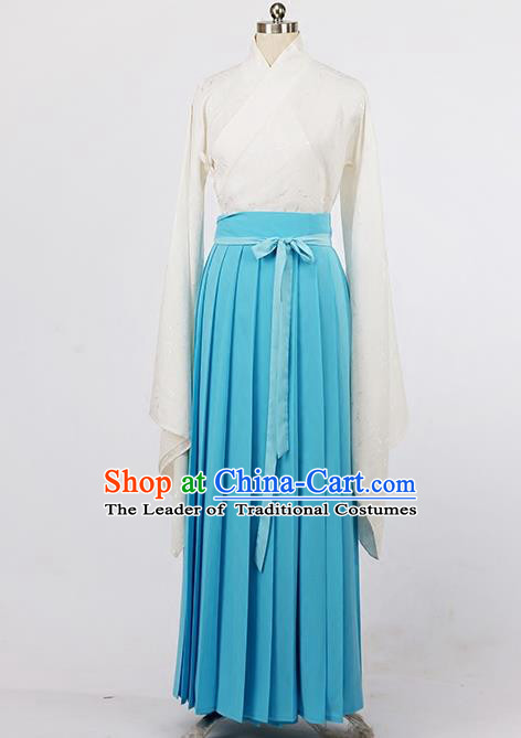 Asian Chinese Ming Dynasty Young Lady Costume, Ancient China Princess Silk Blue Skirt Clothing for Women