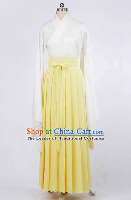 Asian Chinese Ming Dynasty Young Lady Costume, Ancient China Princess Silk Yellow Skirt Clothing for Women