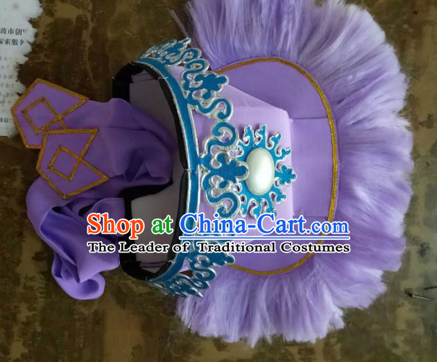 Traditional Chinese Peking Opera Old Men Purple Hats, China Ancient Beijing Opera Ministry Councillor Headwear for Men