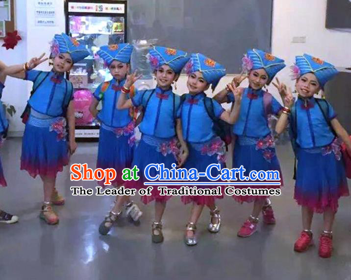 Traditional Chinese Zhuang Nationality Dance Costume Folk Dance Ethnic Pleated Skirt for Kids