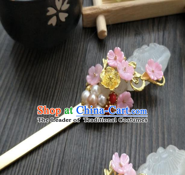 Traditional Handmade Chinese Hair Accessories Pink Flowers Jade Hairpins, China Ancient Tang Dynasty Palace Lady Hanfu Hair Stick for Women