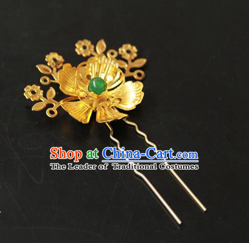 Traditional Handmade Chinese Qing Dynasty Manchu Lady Hair Accessories, China Ancient Imperial Concubine Golden Flower Hairpins for Women