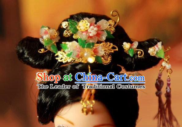 Traditional Handmade Chinese Qing Dynasty Hair Accessories Complete Set, Manchu High Coiffure Imperial Concubine Tassel Hairpins Headpiece