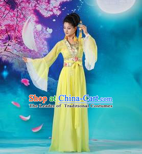Traditional Ancient Chinese Palace Lady Dance Costume, Asian Chinese Tang Dynasty Fairy Yellow Dress Clothing for Women