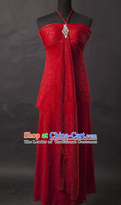 Traditional Chinese Modern Dancing Costume, Women Opening Classic Chorus Singing Group Red Full Dress for Women