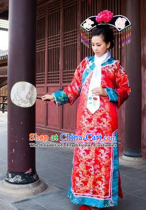 Traditional Ancient Chinese Manchu Palace Lady Costume, Asian Chinese Qing Dynasty Imperial Consort Embroidered Red Dress Clothing for Women