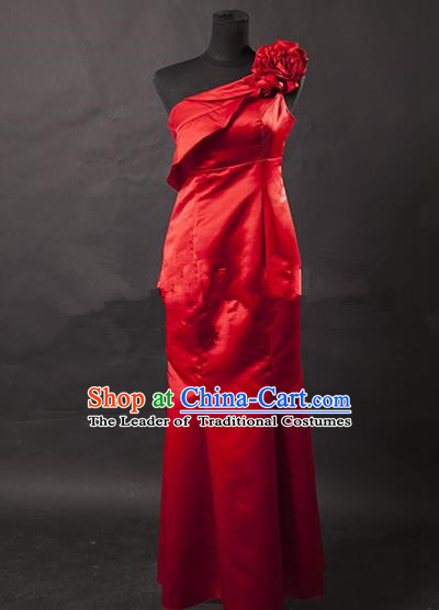 Traditional Chinese Modern Dancing Costume, Women Opening Classic Chorus Singing Group Red Full Dress for Women