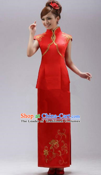Traditional Chinese National Young Lady Red Qipao Costume, China Embroidered Cheongsam Dress for Women