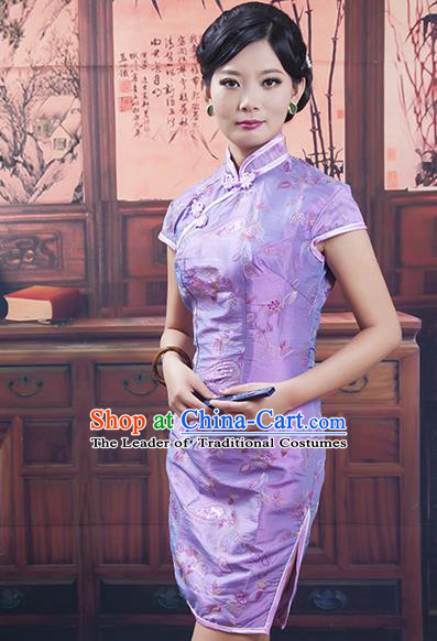 Traditional Ancient Chinese Republic of China Purple Cheongsam, Asian Chinese Chirpaur Qipao Dress Clothing for Women
