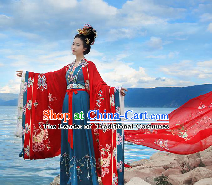 Asian Chinese Tang Dynasty Wedding Embroidered Costume, Ancient China Palace Lady Bride Embroidery Clothing Complete Set