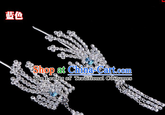 Traditional Beijing Opera Diva Hair Accessories Blue Crystal Inclined Phoenix Tassel Hairpins, Ancient Chinese Peking Opera Hua Tan Hair Stick Headwear