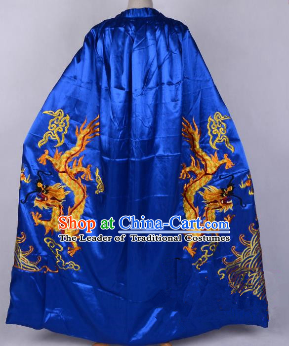 Top Grade Professional Beijing Opera Costume Emperor Embroidered Royalblue Cloak, Traditional Ancient Chinese Peking Opera King Embroidery Dragons Mantle Clothing
