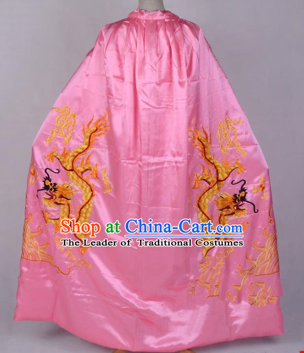 Top Grade Professional Beijing Opera Costume Emperor Embroidered Pink Cloak, Traditional Ancient Chinese Peking Opera King Embroidery Dragons Mantle Clothing
