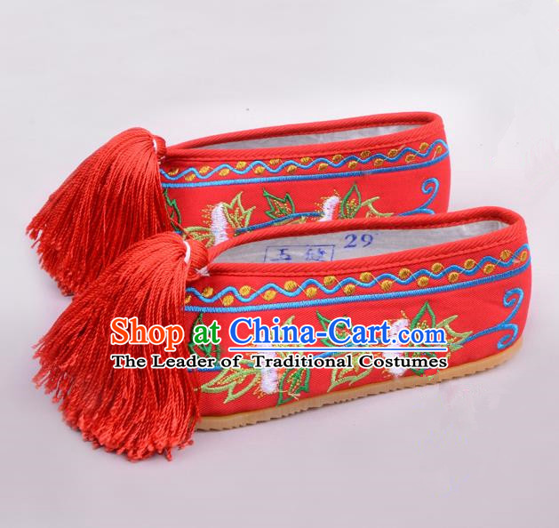 Traditional Beijing Opera Hua Tan Red Embroidered Shoes Young Lady Princess Shoes, Ancient Chinese Peking Opera Diva Blood Stained Shoes