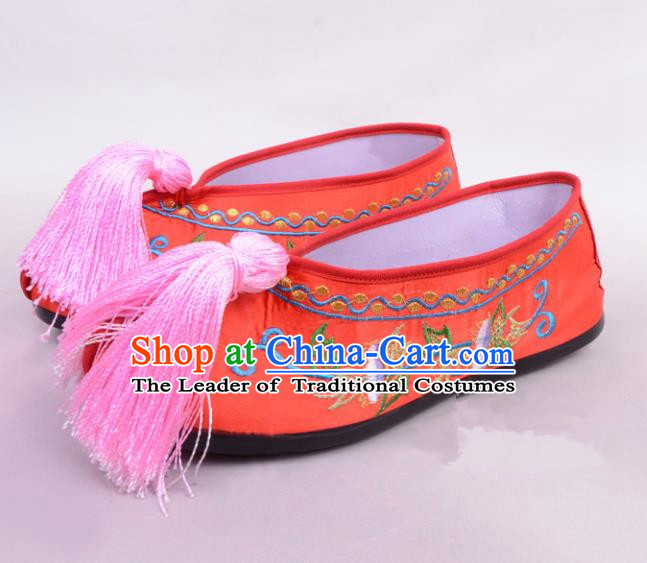 Traditional Beijing Opera Hua Tan Rosy Embroidered Shoes Princess Shoes, Ancient Chinese Peking Opera Diva Blood Stained Shoes