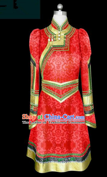 Traditional Chinese Mongol Nationality Wedding Costume Female Red Mongolian Robe, Chinese Mongolian Minority Nationality Princess Embroidery Costume for Women