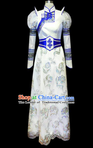 Traditional Chinese Mongol Nationality Costume Female White Wedding Mongolian Robe, Chinese Mongolian Minority Nationality Princess Embroidery Costume for Women