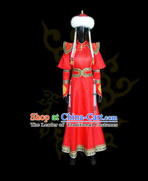 Traditional Chinese Mongol Nationality Dance Costume Princess Red Dress, Chinese Mongolian Minority Nationality Embroidery Mongolian Robe Clothing for Women