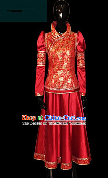 Traditional Chinese Mongol Nationality Dance Costume Female Red Mongolian Robe, Chinese Mongolian Minority Nationality Princess Embroidery Costume for Women