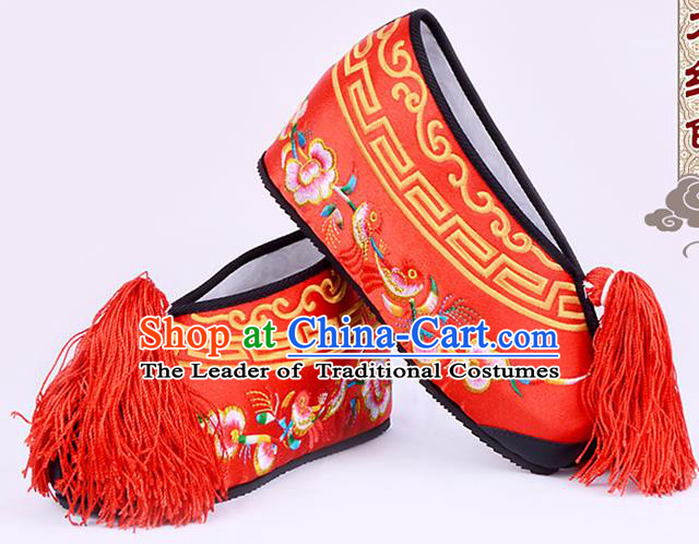 Traditional Beijing Opera Hua Tan Embroidered Shoes Young Lady Princess Shoes, Ancient Chinese Peking Opera Diva Red Blood Stained Shoes