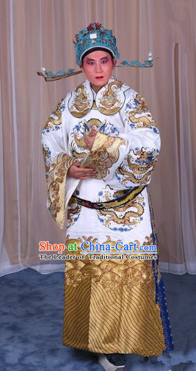 Top Grade Professional Beijing Opera Emperor Costume White Embroidered Robe Gwanbok, Traditional Ancient Chinese Peking Opera Royal Highness Embroidery Dragons Clothing