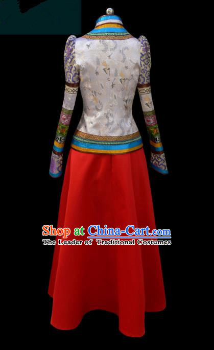 Traditional Chinese Mongol Nationality Dance Costume, Mongols Female Folk Dance Ethnic Wedding Pleated Skirt, Chinese Mongolian Minority Nationality Embroidery Costume for Women
