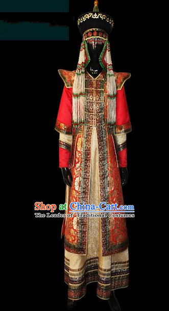 Traditional Chinese Mongol Nationality Dance Costume Complete Set, Mongols Female Folk Dance Ethnic Wedding Robe, Chinese Mongolian Minority Nationality Embroidery Costume for Women
