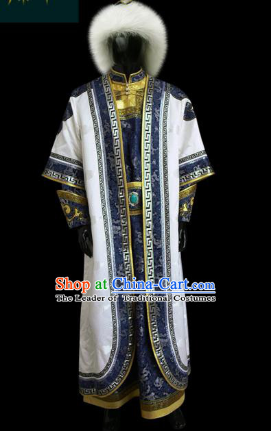 Traditional Chinese Mongol Nationality Dance Costume Mongolian Robe, Chinese Mongolian Minority Nationality Khan King Embroidery Costume for Men