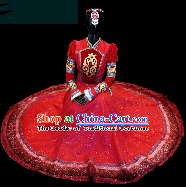 Traditional Chinese Mongol Nationality Dance Costume Queen Red Mongolian Robe, Chinese Mongolian Minority Nationality Princess Embroidery Wedding Clothing for Women