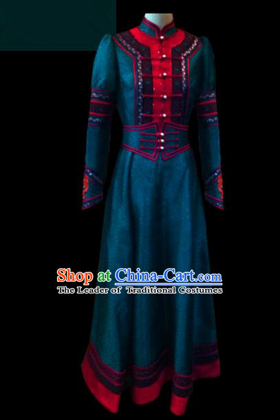 Traditional Chinese Mongol Nationality Dance Costume Female Green Dress, Chinese Mongolian Minority Nationality Princess Mongolian Robe Embroidery Clothing for Women