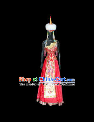 Traditional Chinese Mongol Nationality Dance Costume Palace Lady Red Mongolian Robe, Chinese Mongolian Minority Nationality Princess Embroidery Wedding Costume for Women