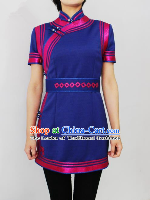 Traditional Chinese Mongol Nationality Dance Costume Middle Sleeve Short Dress, Chinese Mongolian Minority Nationality Princess Mongolian Robe for Women