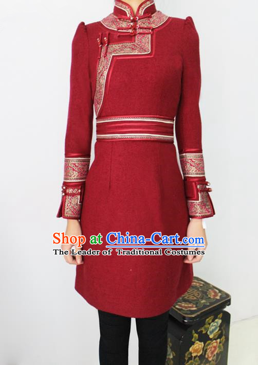 Traditional Chinese Mongol Nationality Dance Costume Red Woolen Dress, Chinese Mongolian Minority Nationality Princess Mongolian Robe for Women