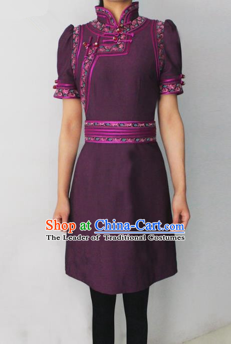 Traditional Chinese Mongol Nationality Dance Costume Purple Short Dress, Chinese Mongolian Minority Nationality Princess Mongolian Robe for Women