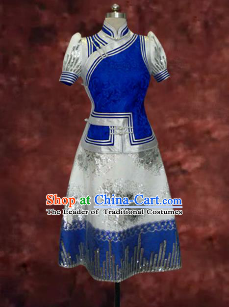 Traditional Chinese Mongol Nationality Costume Blue Short Dress, Chinese Mongolian Minority Nationality Princess Mongolian Robe for Women