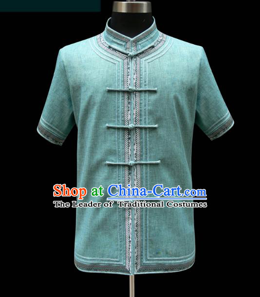 Traditional Chinese Mongol Nationality Costume Green Shirt, Chinese Mongolian Minority Nationality Upper Outer Garment for Men