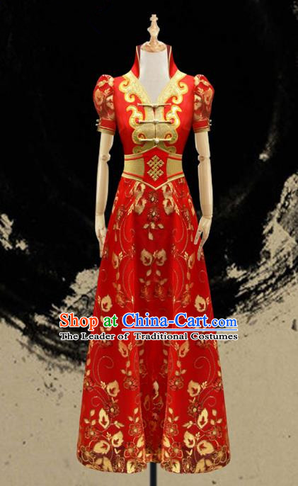 Traditional Chinese Mongol Nationality Costume Red Dress Mongolian Robe, Chinese Mongolian Minority Nationality Dance Clothing for Women
