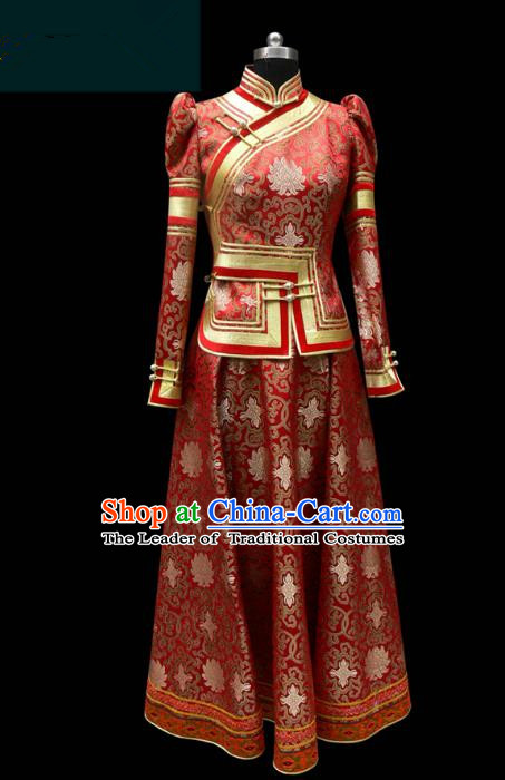 Traditional Chinese Mongol Nationality Costume Red Dress Wedding Bride Mongolian Robe, Chinese Mongolian Minority Dance Clothing for Women