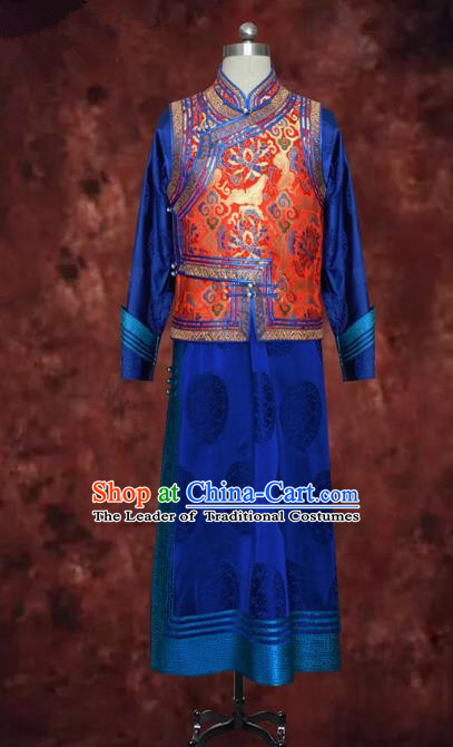Traditional Chinese Mongol Nationality Dance Costume Mongolian Robe, Chinese Mongolian Minority Nationality Royal Highness Embroidery Costume for Men