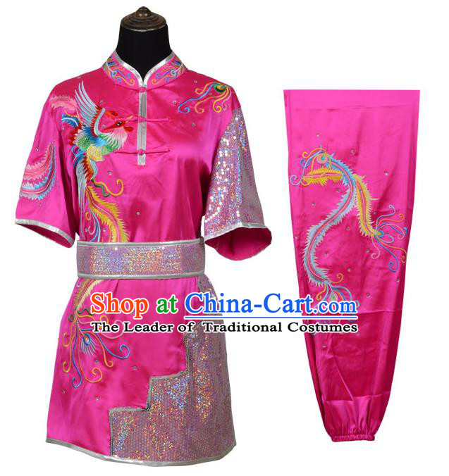 Top Kung Fu Costume Martial Arts Costume Kung Fu Training Pink Uniform, Gongfu Shaolin Wushu Embroidery Phoenix Tai Ji Clothing for Women