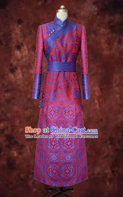 Traditional Chinese Mongol Nationality Dance Costume Rosy Mongolian Robe, Chinese Mongolian Minority Nationality Bride Embroidery Costume for Women
