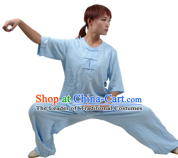 Top Kung Fu Linen Costume Martial Arts Costume Kung Fu Training Plated Buttons Light Blue Uniform, Gongfu Shaolin Wushu Tai Ji Clothing for Women for Men