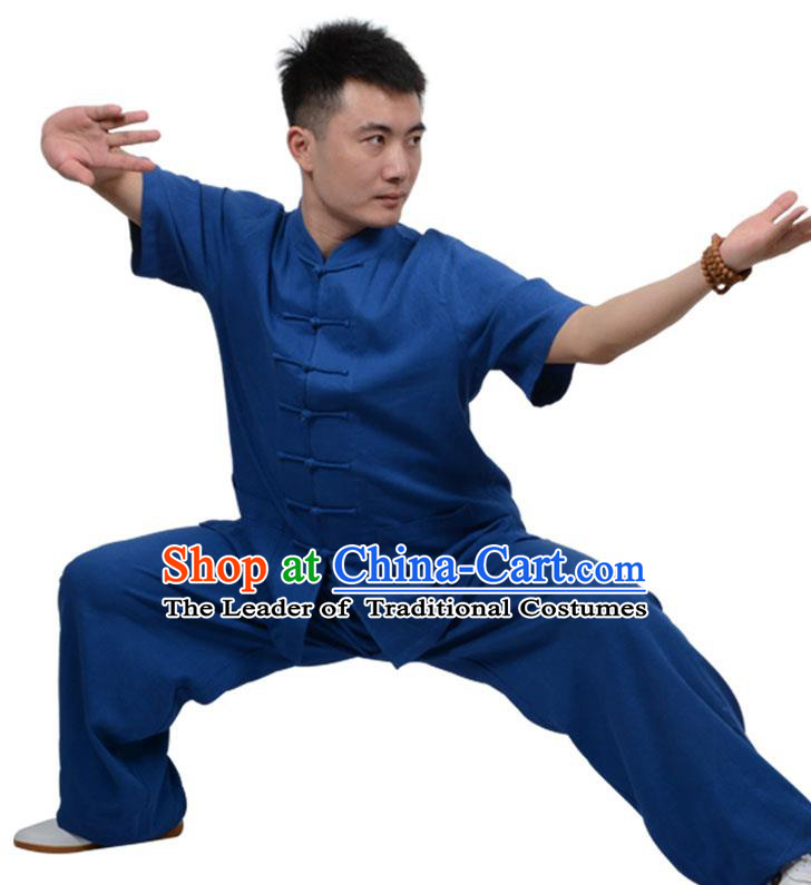 Top Kung Fu Linen Costume Martial Arts Costume Kung Fu Training Short Sleeve Deep Blue Uniform, Gongfu Shaolin Wushu Tai Ji Plated Buttons Clothing for Women for Men