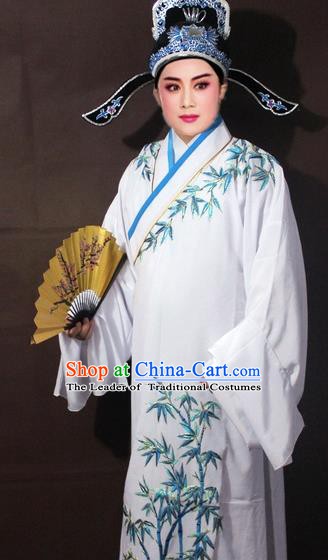 Traditional China Beijing Opera Niche Costume White Embroidered Robe, Chinese Peking Opera Scholar Embroidery Bamboo Clothing