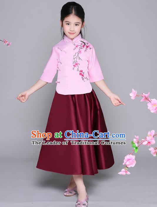 Traditional Chinese Republic of China Children Clothing, China National Embroidered Blouse and Skirt for Kids