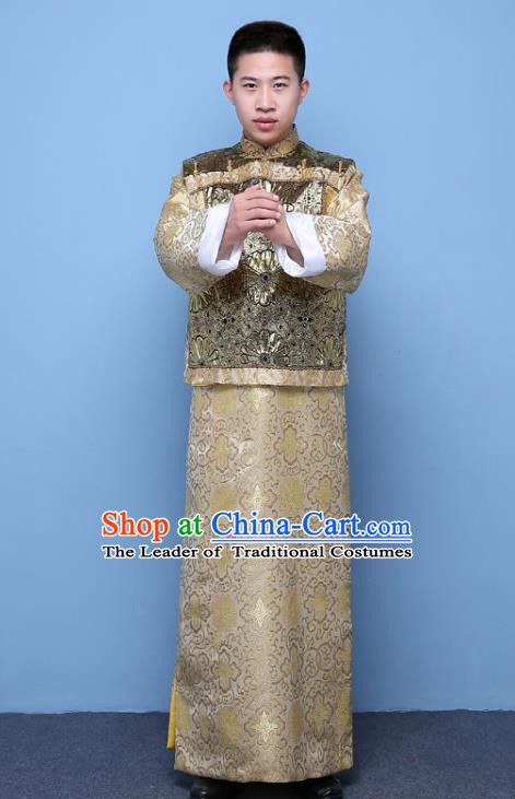 Traditional Ancient Chinese Qing Dynasty Prince Costume, China Manchu Nobility Childe Embroidered Brown Mandarin Jacket Clothing for Men