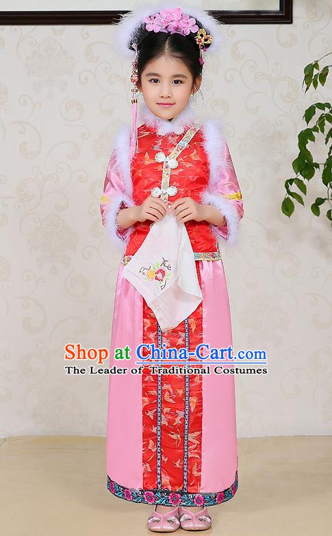 Traditional Ancient Chinese Qing Dynasty Manchu Lady Dress, Chinese Mandarin Princess Embroidered Clothing for Kids