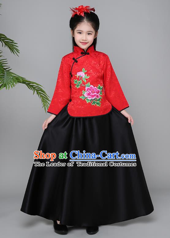 Traditional Chinese Republic of China Children Clothing, China National Embroidered Red Cheongsam Blouse and Skirt for Kids